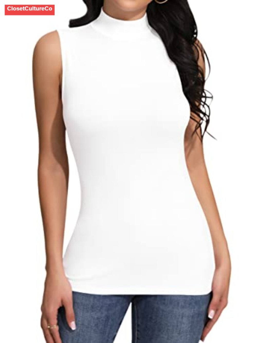 Mock Turtleneck Tank Top Stretchy Fitted Layering Shirt